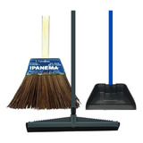 Kit Vassoura Piaçava Rodo Duplo 40cm E Pá De Lixo Cabo Longo