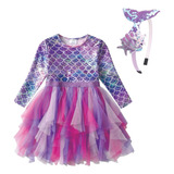 Kit Vestido Infantil Sereia Ariel Manga Longa Tule +tiara 