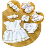 Kit Vestido Luxo Bebê Branco Batizado Reveillon Laço Menina 