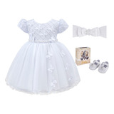 Kit Vestido + Sapatinho Roupa Bebe Menina Batizado Branco