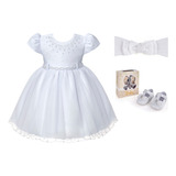 Kit Vestido + Sapatinho Roupa Bebe Menina Batizado Branco