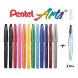 Kit12 Caneta Pincel Pentel Fude Touch Sign Pen + Aquash Fina