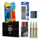 Lápis De Cor + Bloco + Caneta Nanquim + Caneta Brush