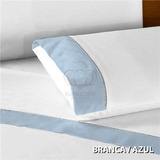 Lençol Berço 3 Pçs Ponto Palito Percal 200 Fios 100% Algodão Cor Branco/azul Desenho Do Tecido Liso