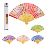 Leque De Madeira Oriental Tecido E Bambu Florido 36cm Aberto