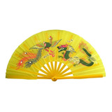 Leque Oriental Dança Kung Fu Amarelo Dragão E Fenix
