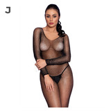 Lingerie Macacão Tipo Meia Arrastão Com Strass Corpo Inteiro