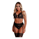 Lingerie Sexy Conjunto Renda Preta + Meias 7/8 E Venda