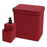 Lixeira 2,5 L C/ Tampa + Porta Detergente Bucha Pia Cozinha Cor Vermelho