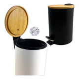 Lixeira 3l Cozinha Banheiro Tampa Bambu Cesto De Lixo Pedal Cor Preta
