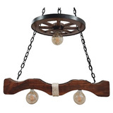 Luminária Madeira Caibro Canga Com Roda De Carroça 3 Bocal