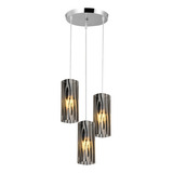 Lustre De Vidro Triplo Copo Pendente Mirage Zebrado 3 Lâmpadas E-27 Aço Cromo Preto Bivolt Llumm Bronzearte