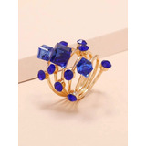 Luxuoso Maxxi Anel Dourado Pedra Azul Strass Fashion Aro 18