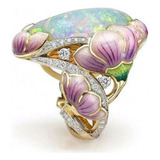 Luxuoso Maxxi Anel Dourado Pedra Furta-cor Flores Aro 16
