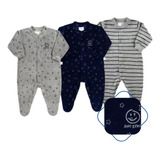 Macacão Bebê Menino Plush Estampado E Listrado Kit C/3 Peças