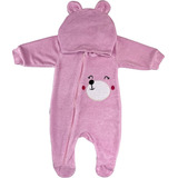 Macacão Bebê Plush Atoalhado Menino Capuz Zíper Orelhinhas