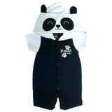 Macacão Curto Fantasia Bebê Panda Capuz
