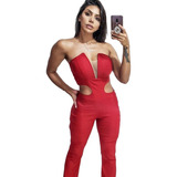 Macacão Feminina Flare Tomara Caia Decote Tule Bojo