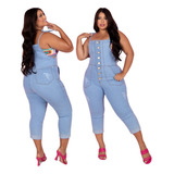 Macacão Jeans Plus Size Feminino Capri Jardineira Feminina