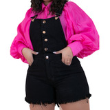 Macacão Jeans Plus Size Preto Short Barra Desfiada Arumando