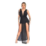 Macacão Longo Feminino Decote C/ Bojo Tule Fenda Frontal 
