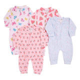 Macacão Para Bebe Combo 04 Peças Menina Em Soft Com Zíper 