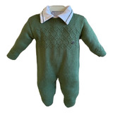 Macacão Tricot Menino Com Body Bordado Verde Pistache 2 Pçs