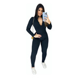 Macacão Virginia Preto Manga Longa Com Zíper Canelado Luxo