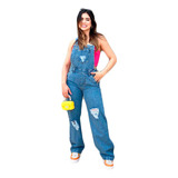 Macacão Wide Leg Pantalona Jeans Destroyed Alça Regulável