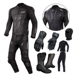 Macacão X11 Couro Moto Speed 2+ Luva+ Bota+ Seg. Pele+ Touca
