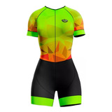 Macaquinho Conjunto Ciclismo Roupa Feminino Verde Folhas