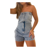 Macaquinho Feminino Confortável Estiloso Macacão Curto Jeans