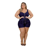 Macaquinho Jardineira Short Jeans Plus Size Feminino Lycra