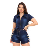 Macaquinho Jeans Feminino Com Mangas E