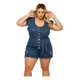 Macaquinho Jeans Jardineira Plus Size Lycra Macacão Short