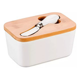 Manteigueira De Porcelana Com Espatula Tampa De Bambu Casual