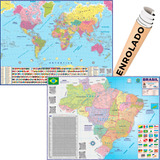 Mapa Mundi Brasil Escolar Politico Enrolado Poster Atual