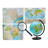 Mapas Brasil Mundi E Sp + Globo Inflável Terrestre + Lupa