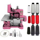 Máquina Costura Overlock Semi Industrial + Kit Linha E Fio Cor Rosa 220v