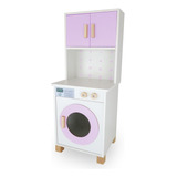 Máquina De Lavar Roupa Infantil Brinquedo Madeira Mdf Lilás