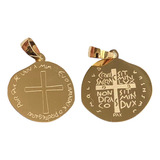 Medalha São Bento Duas Cruzes De Ouro 18k 750 