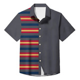 Men's 3d Striped Simple Short Sleeve Top Summer Shirt Button