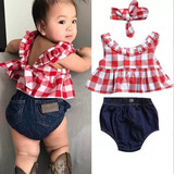 Menina Saia Xadrez T-shirt Shorts Jeans Com Faixa De Cabeça