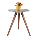 Mesa De Canto Cor Off White Com Espelho Pé Palito Alt 70 Cm