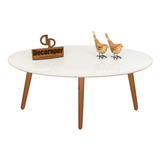 Mesa De Centro Oval Laqueada Com Vidro Colado Pé Palito Cor Branco Com Pés Imbuia