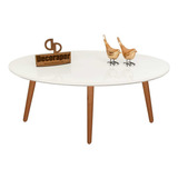 Mesa De Centro Oval Laqueada Com Vidro Colado Pé Palito