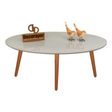 Mesa De Centro Oval Laqueada Off White Com Vidro Pé Palito
