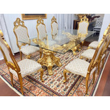 Mesa De Jantar Luís Xv Com 8 Cadeiras Folheadas A Ouro .