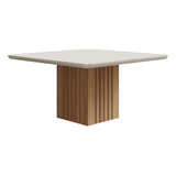 Mesa De Jantar Quadrada Com Tampo De Vidro E Mdf Base No Centro Ripado Ana 1,30x1,30 - Madeira Nature/off White