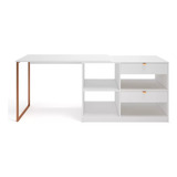 Mesa Em L Industrial Com Gavetas Em Metal Moderna Branca Cor Branca Com Cobre E-led Brasil